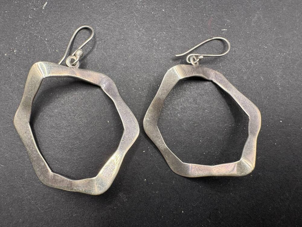 925 Sterling Silver Wavy Hexagon Hoop Dangle Earrings Abstract Geometric Jewelry
